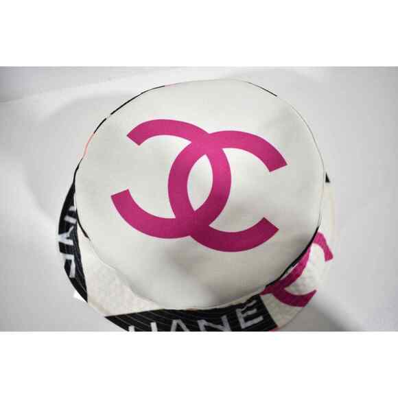 Chanel 22S Black White Pink Beige Fabric CC Logo Sun Cloche Bucket Hat Medium M main image 10